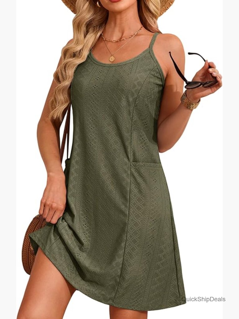 Women's Eyelet Mini Swimsuit Coverup Sundress With Pockets Sleeveless